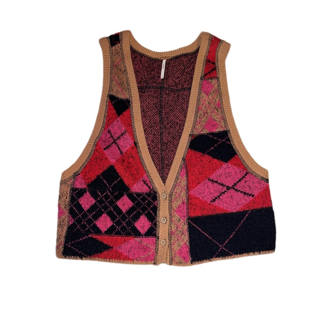 Free People Pink, Red, Black & Tan Argyle Knit Sweater Vest Size Small